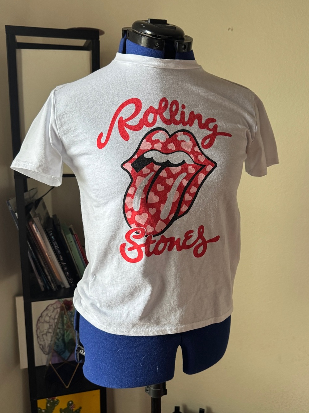 Rolling Stones White Tee with Red Heart Tongue Graphic